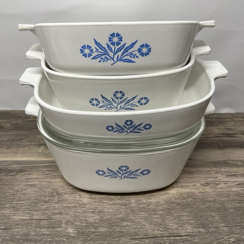 Vintage Corning Ware Blue Cornflower 4pc Set P-9-B P-2½-B w/Lid P-1-B P-1½-B
